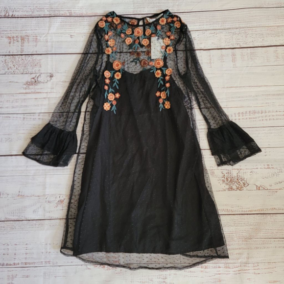 Zara Dresses & Skirts - Zara Black Mesh Sheer Lined Embroidered Swiss Dot Mini Dress Medium NWT